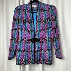 Vintage Papell Boutique Silk Blazer Jacket 2P Petite Purple Blue Statement Print